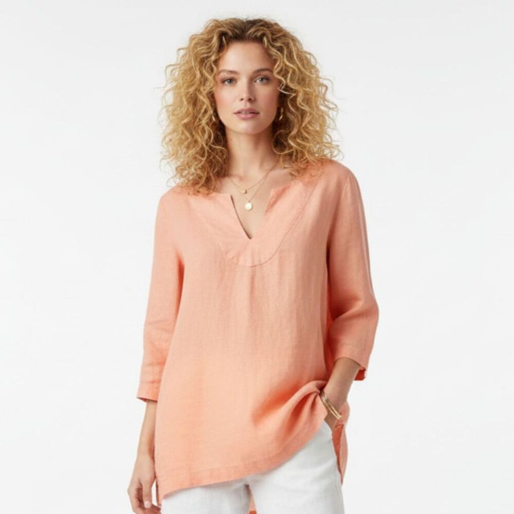 Hot Cotton 100% Linen Peach 3/4 Sleeve Top S